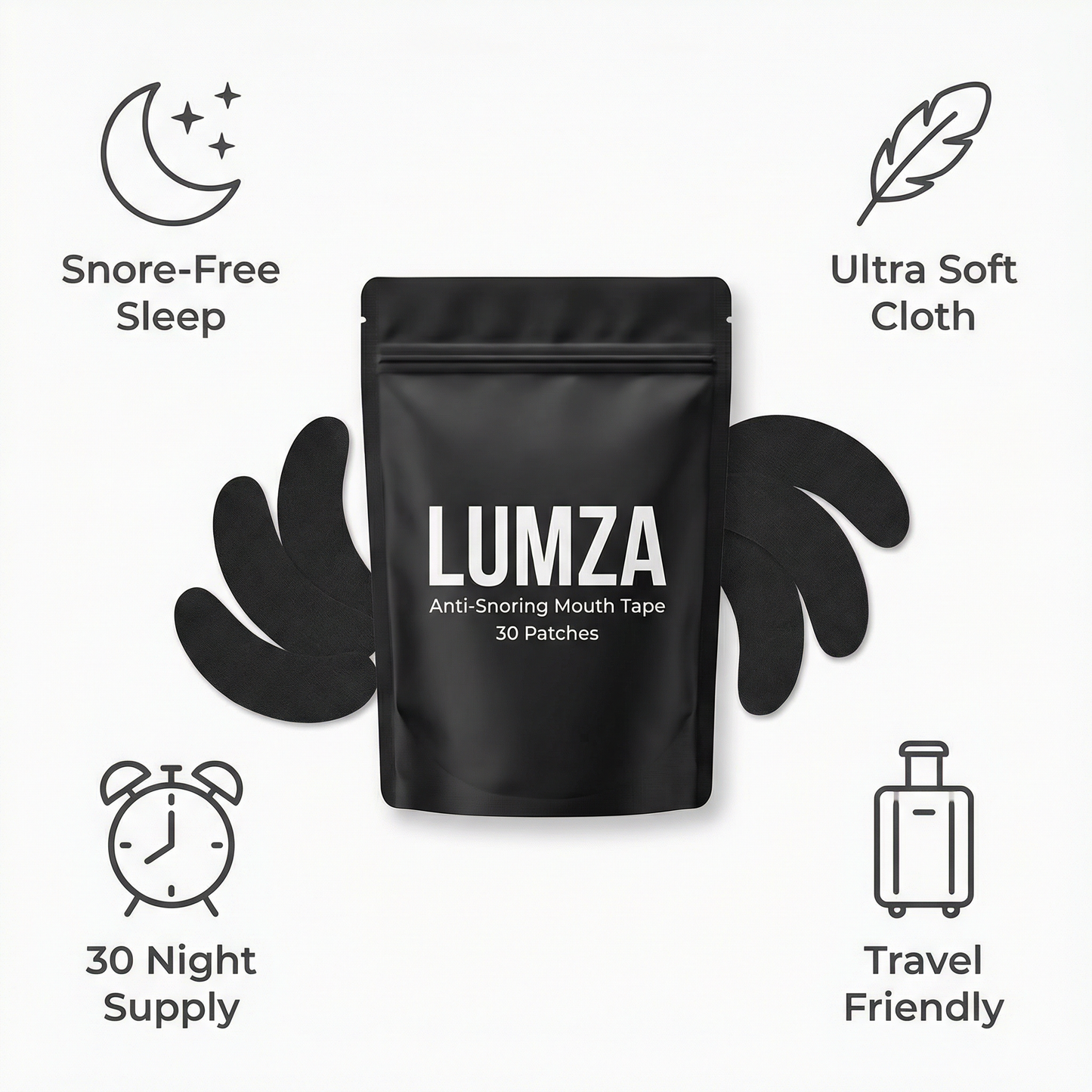 LUMZA Anti Snoring Mouth Tape For Sleeping - 30 Pack Black Cloth Sleep Strips